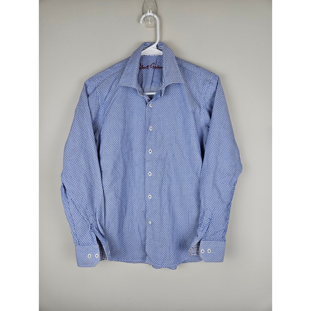 Robert Graham Boys Blue White Geometric Button Down Shirt Size L 14-16 Stretch